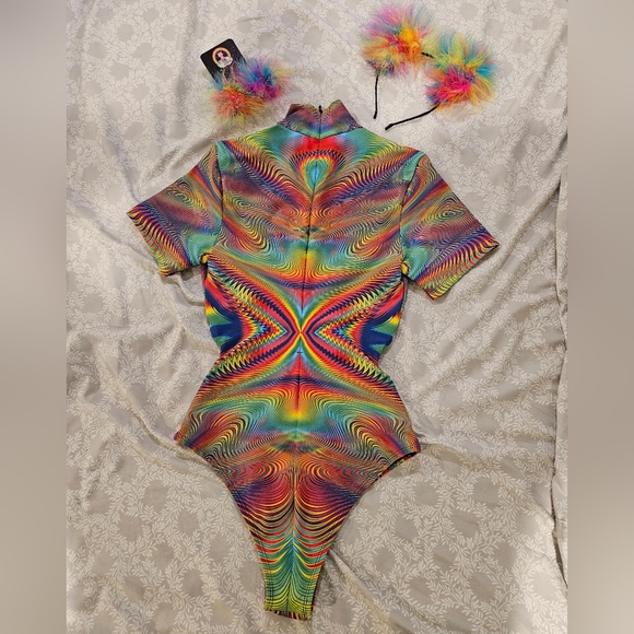 Badinka Spectra Strapped Bodysuit Size L + Electric Kittycorn Earrings + Ears - Picture 2 of 5